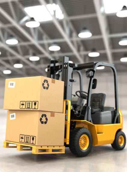 Forklift truck in warehouse or storage loading cardboard boxes.